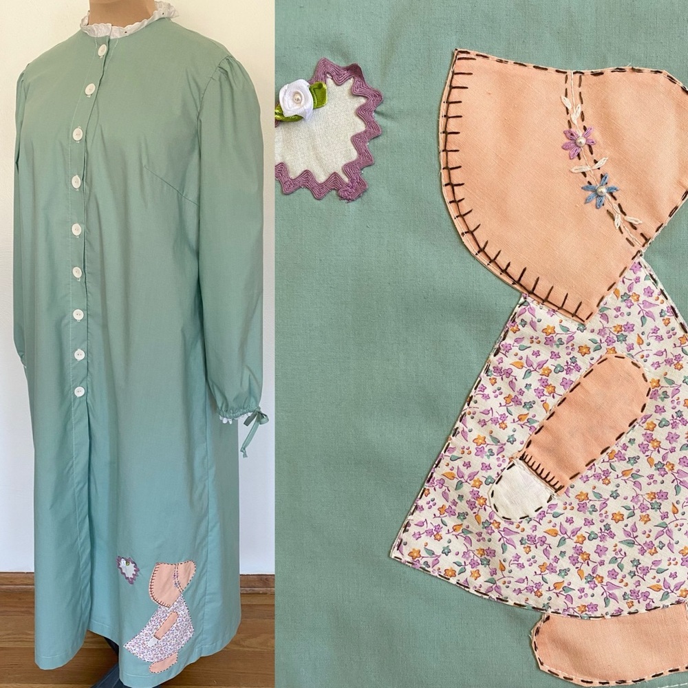 Vintage 60s-Inspired Cotton Blend Bathrobe *Large* Sunbonnet Sue Embroidered
